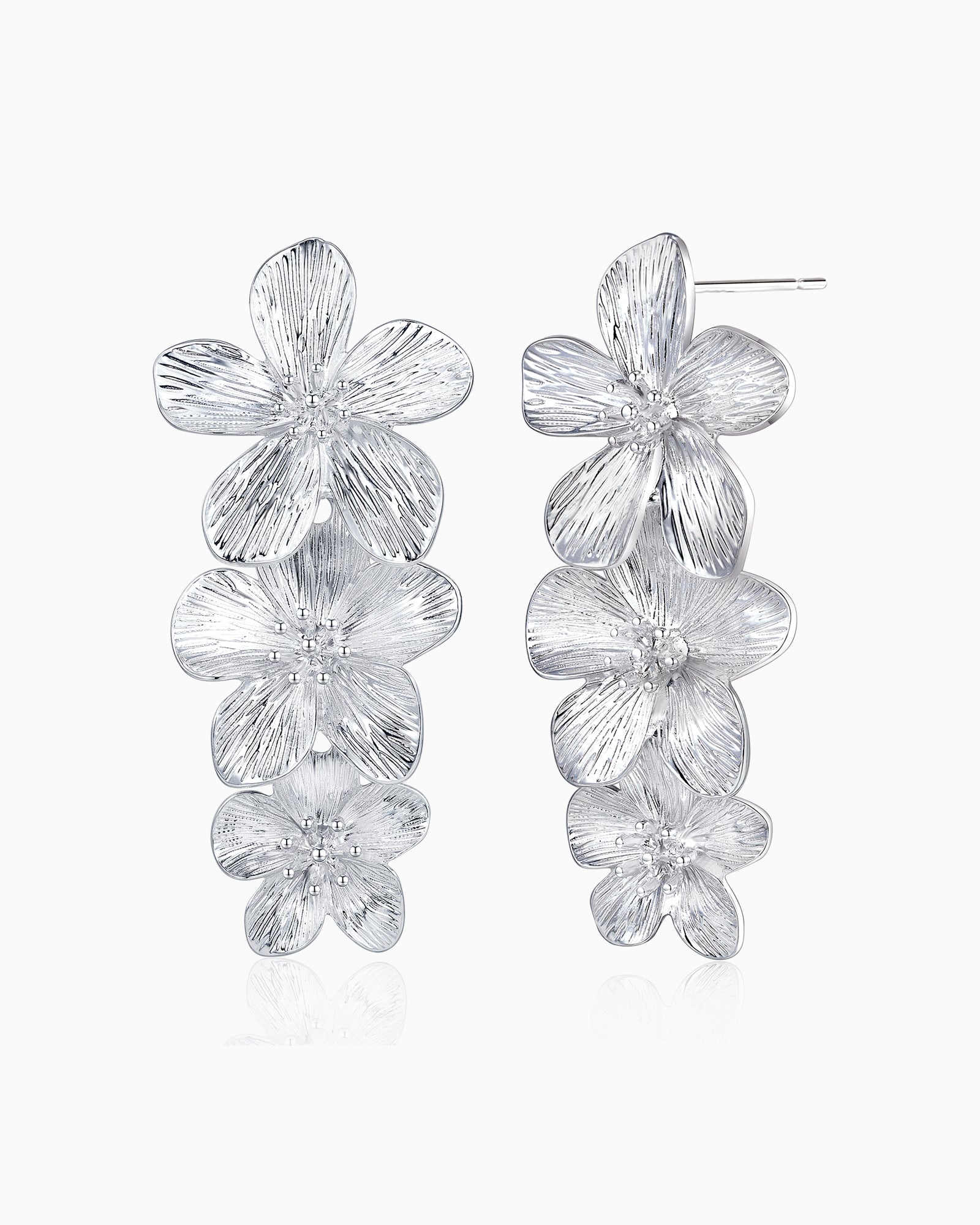 3 Tiered Floral Dangle Earrings - Silver