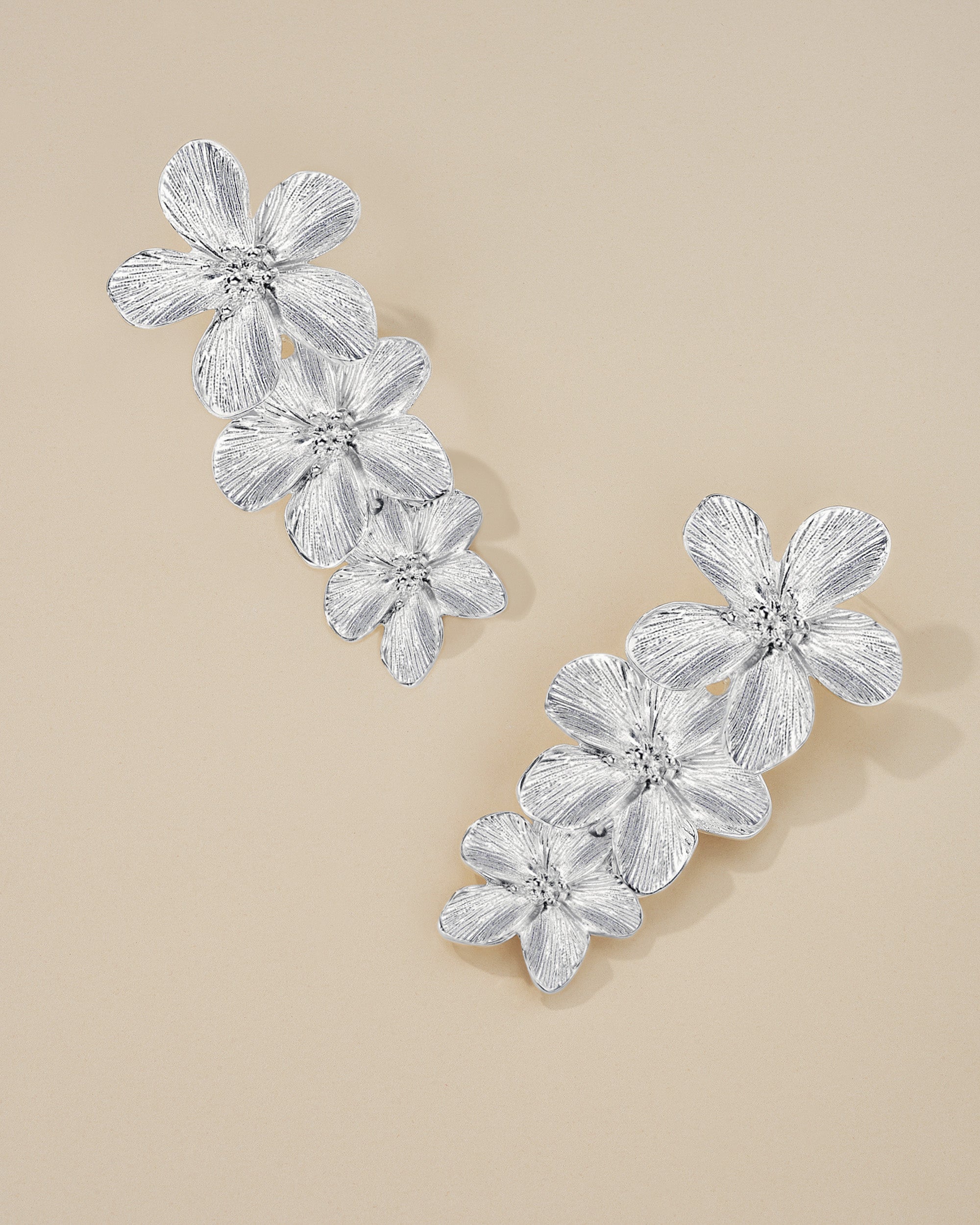 3 Tiered Floral Dangle Earrings - Silver