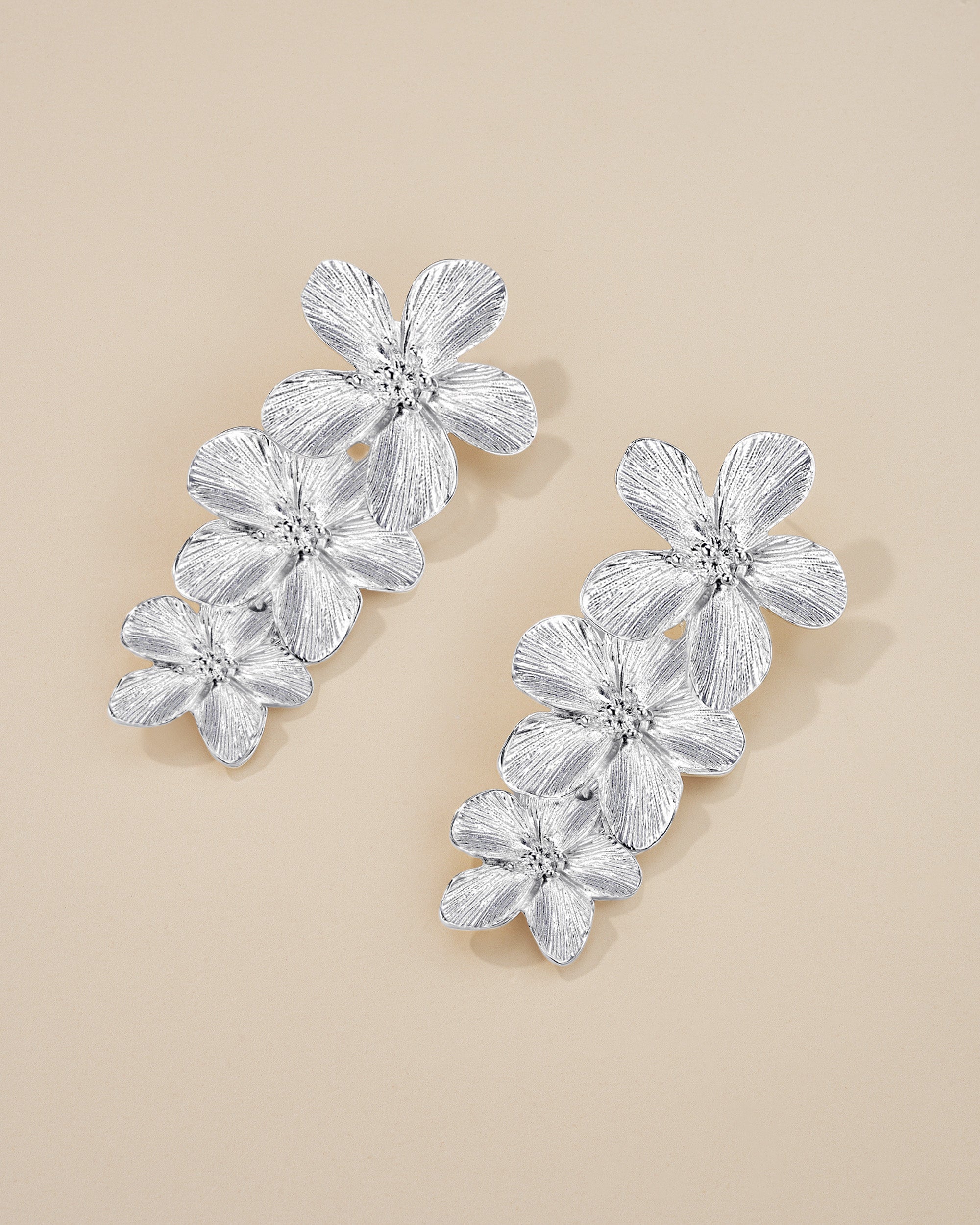 3 Tiered Floral Dangle Earrings - Silver