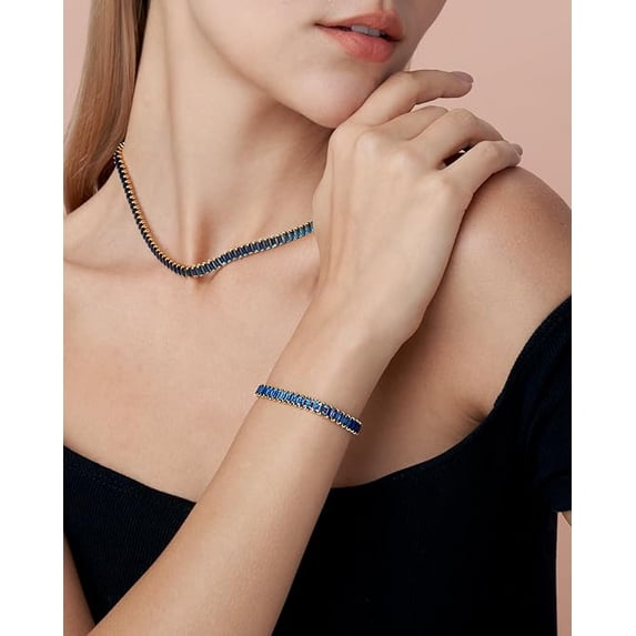 18K Gold Plated Adjustable Tennis Bracelet for Women, Baguette CZ - Sapphire
