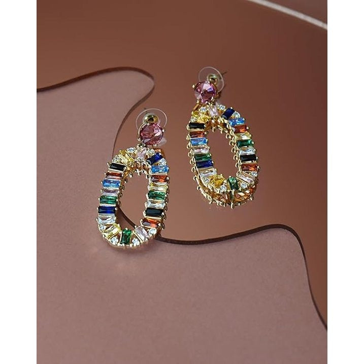 SNGIA Gold Plated Multicolor Geometric Dangle Earrings with Pink Red Rhinestone Stud Top
