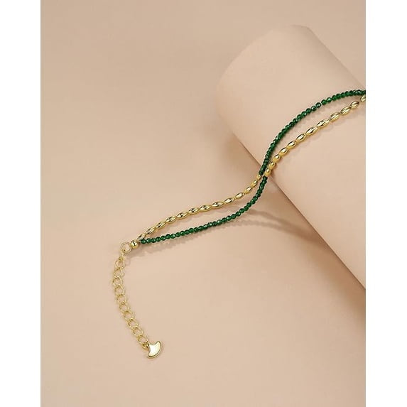 Adjustable Gold Beaded Bracelet with Green Crystal Accents for Women