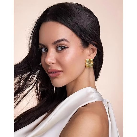 SNGIA 18K Gold Plated Ribbed Square Statement Stud Earrings for Women, Geometric Vintage Style