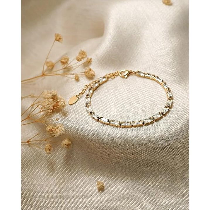 Gold Tone CZ Tennis Bracelet for Women, Rectangular Clear Stone Link Bracelet with Extender