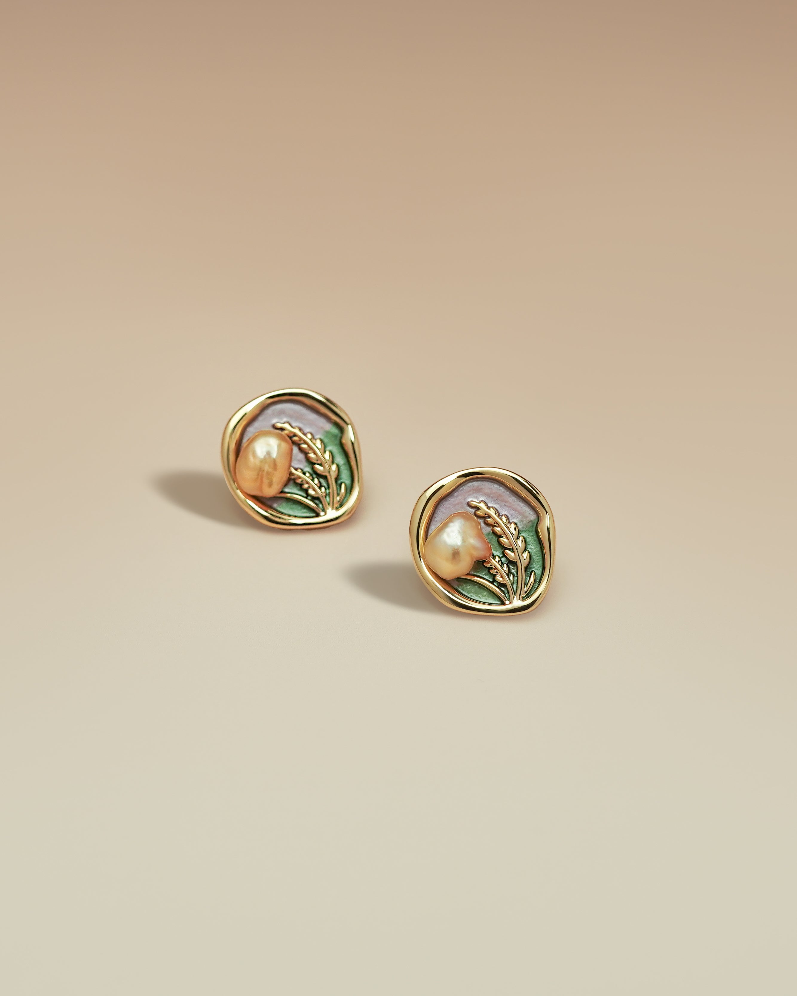 Gold Freshwater Pearl Enamel Round Earrings