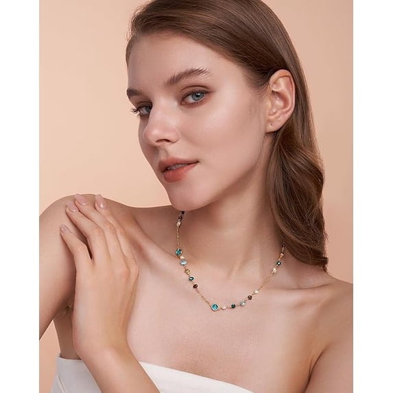 SNGIA 18K Gold Plated Multicolor Natural Stone Beaded Choker Necklace for Women, Adjustable