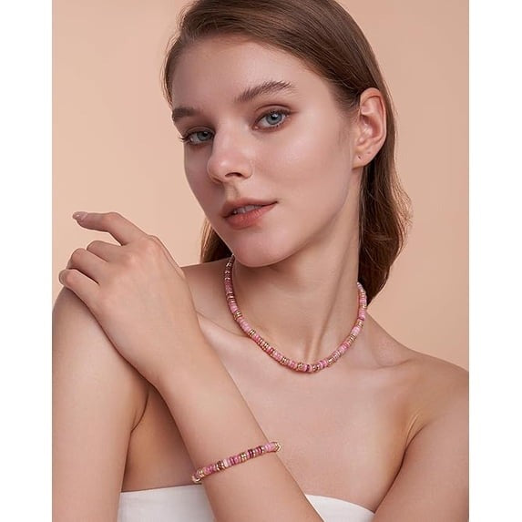 SNGIA 18K Gold Plated Natural Stone Beaded Choker Necklace for Women, Adjustable Rose