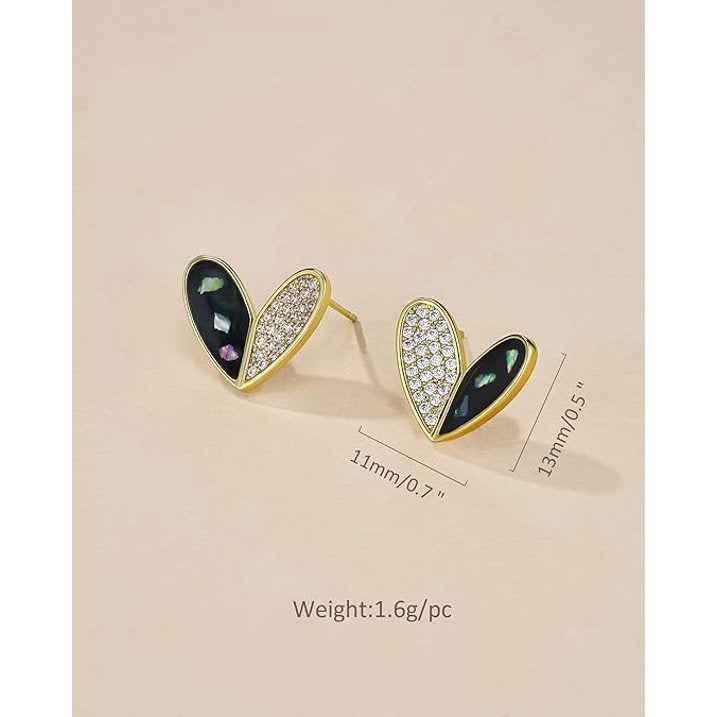 SNGIA Heart Stud Earrings for Women, 14K Gold Plated, Dark Abalone and Cubic Zirconia