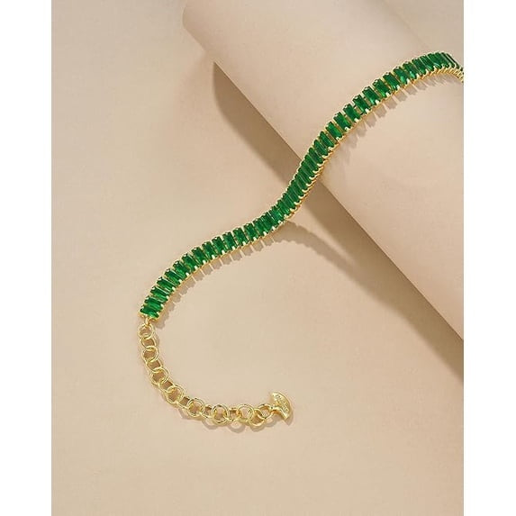 18K Gold Plated Adjustable Tennis Bracelet for Women, Baguette CZ - Emerald