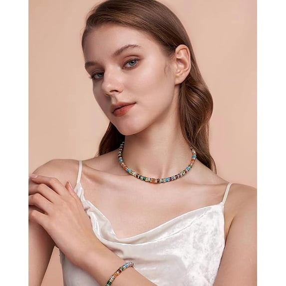 SNGIA 18K Gold Plated Natural Stone Beaded Choker Necklace for Women, Adjustable Earth