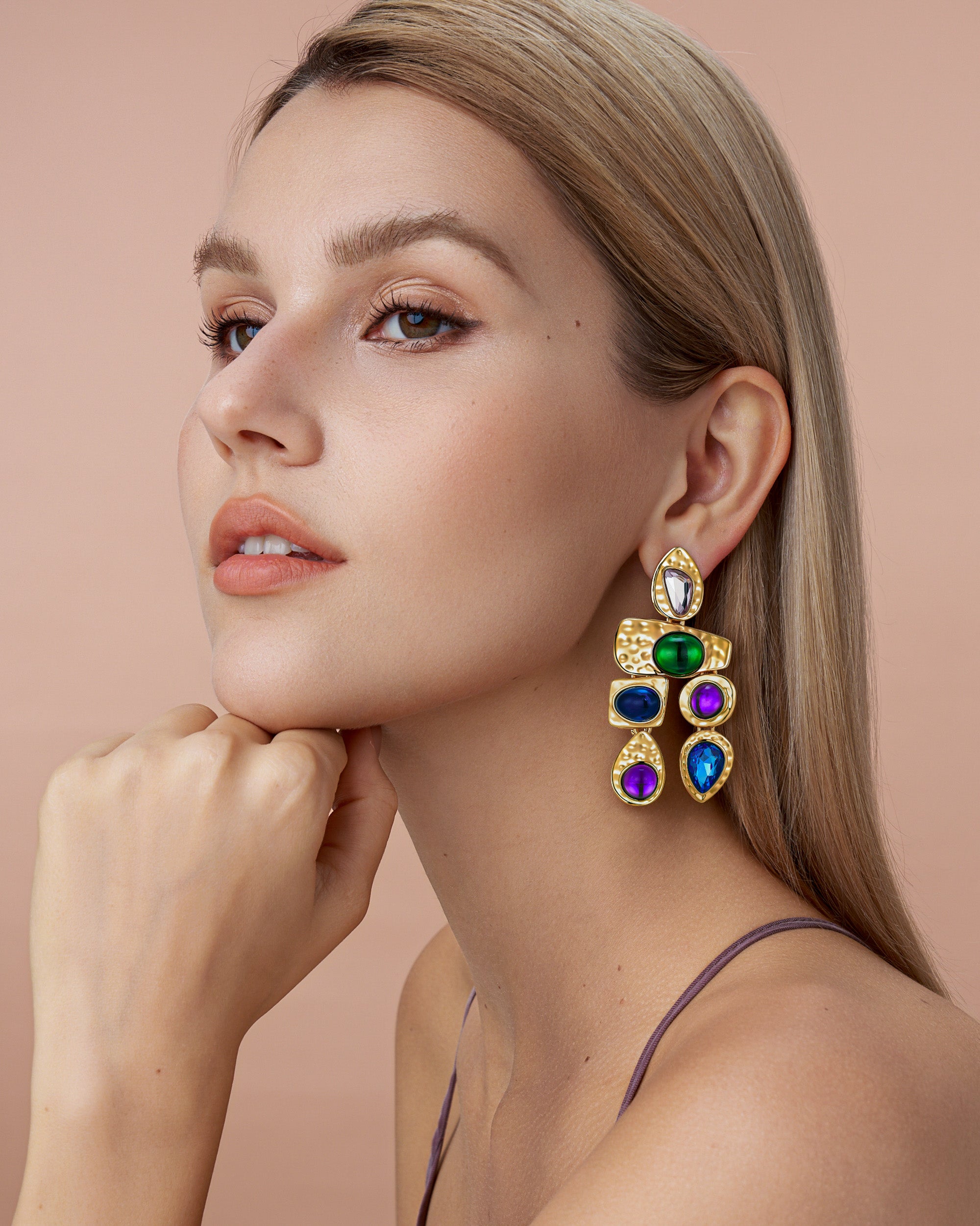 Gold Resin Gemstone Boho Drop Earrings - Midnight