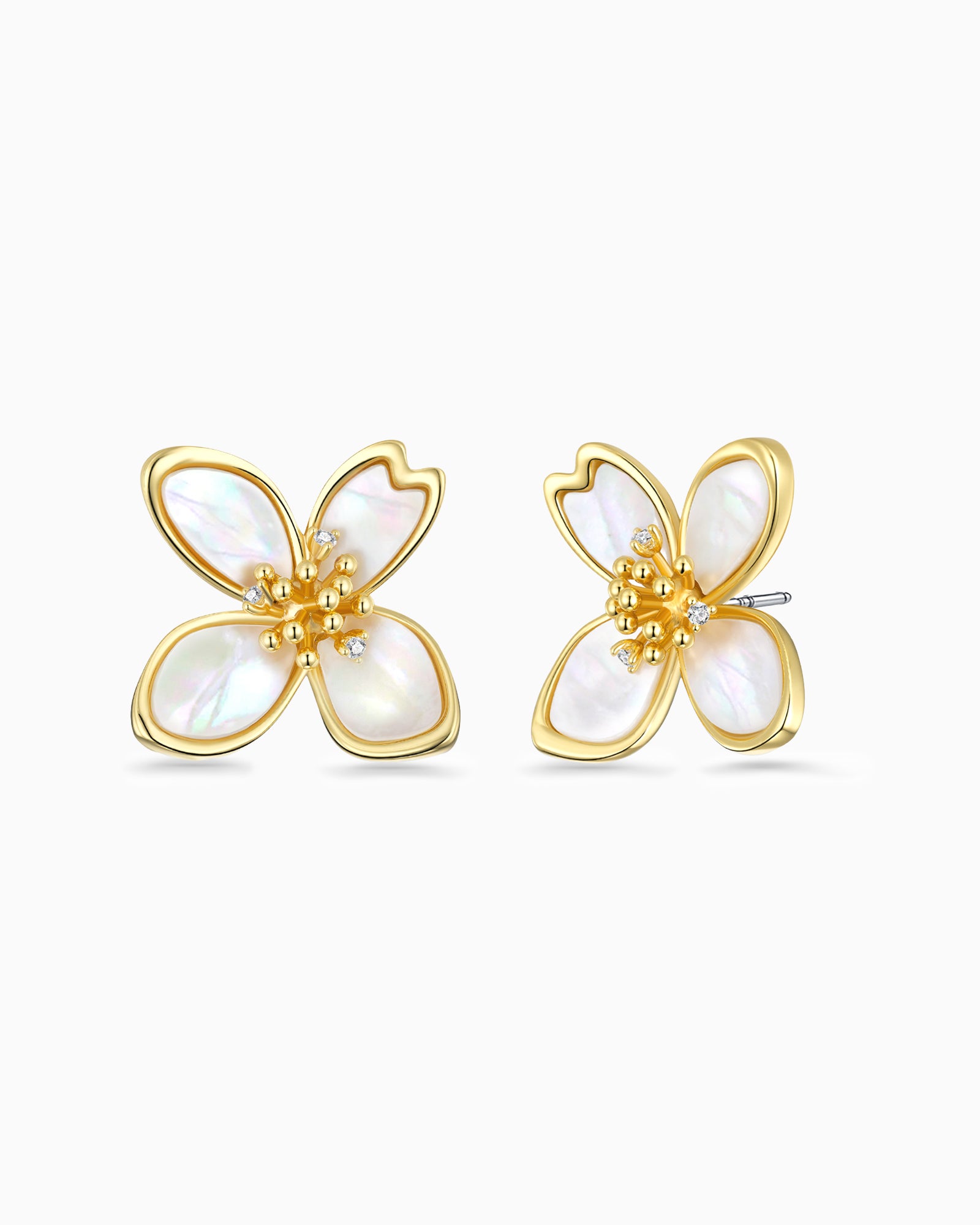 Gold White Mother of Pearl Floral Petal Earrings