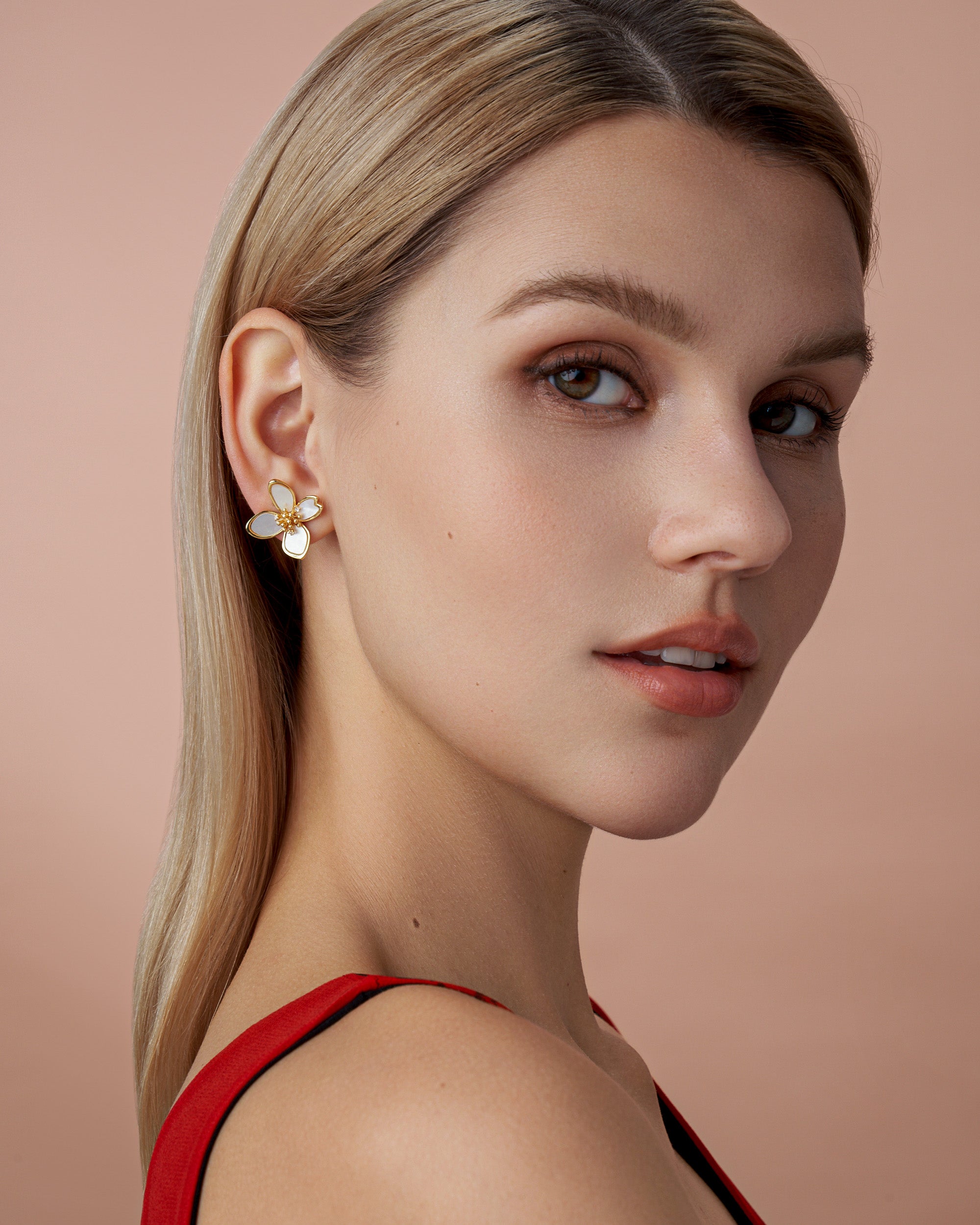 Floral Petal Earrings In Gold Tone With White Pearl Style Accent