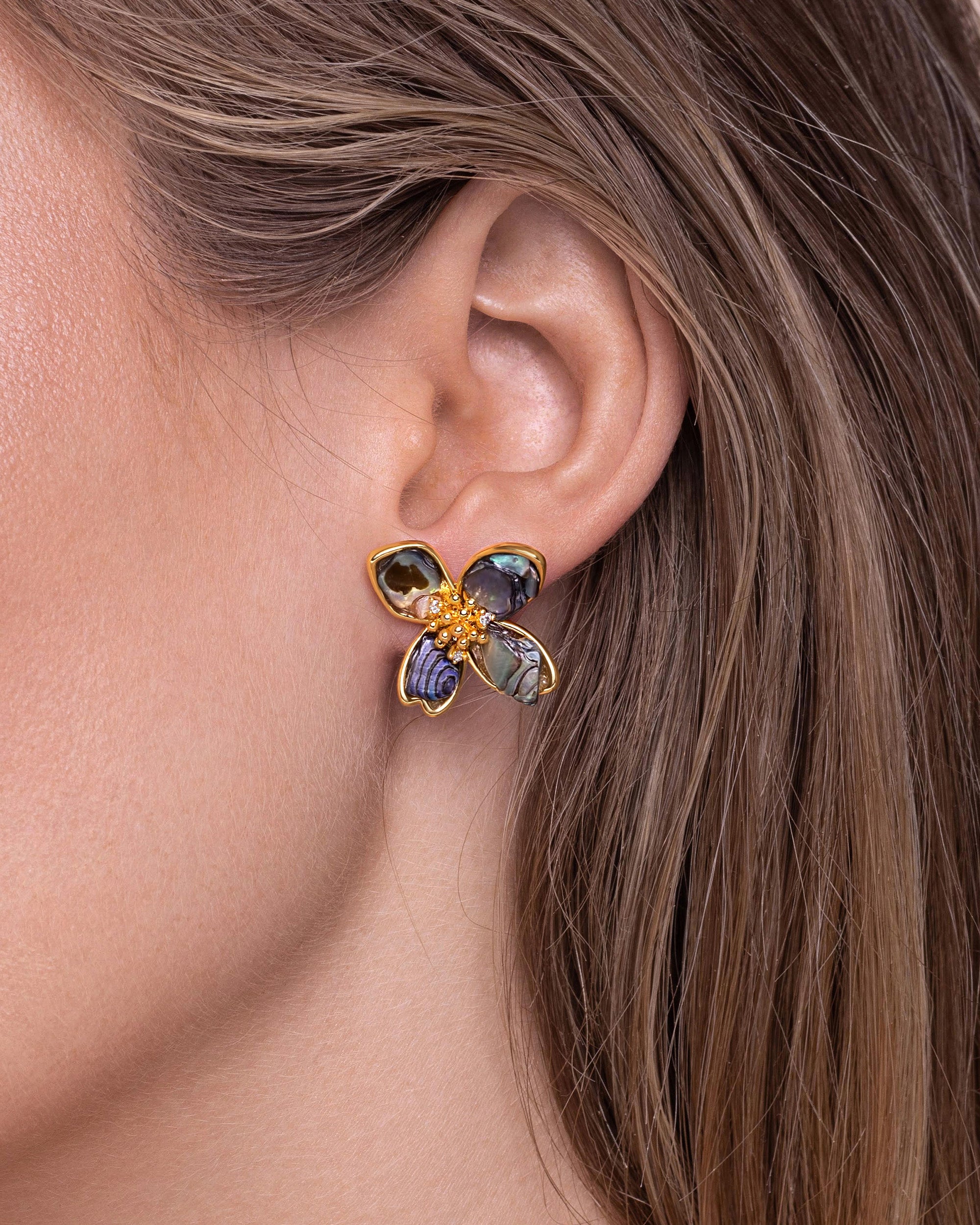 Gold Dark Mother of Pearl Floral Petal Earrings