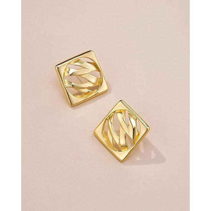 SNGIA 18K Gold Plated Square Stud Earrings for Women with Textured Leaf Design