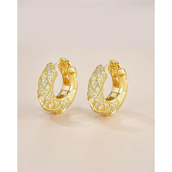 SNGIA 18K Gold Plated CZ Chunky Twisted Hoop Earrings for Women, Geometric Statement Hoops