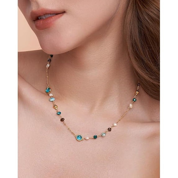 SNGIA 18K Gold Plated Multicolor Natural Stone Beaded Choker Necklace for Women, Adjustable
