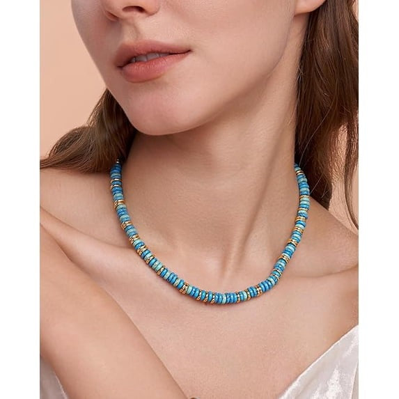 SNGIA 18K Gold Plated Natural Stone Beaded Choker Necklace for Women, Adjustable Turquoise
