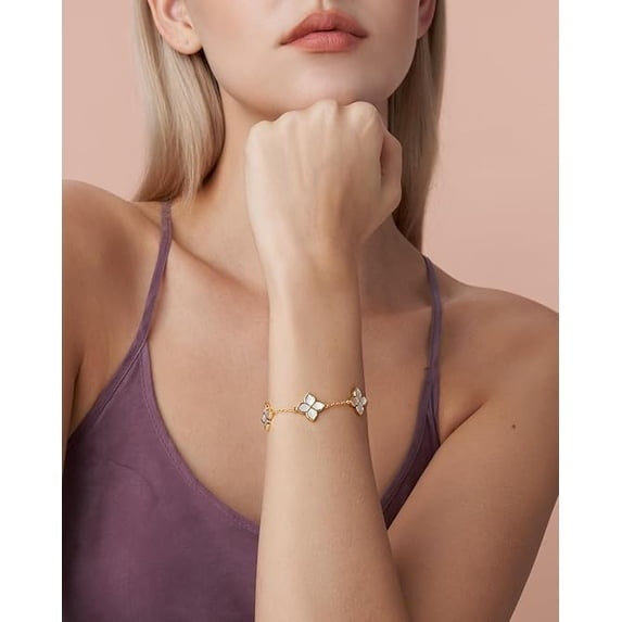 18K Gold Plated Mother of Pearl Clover Station Bracelet for Women, Adjustable Floral Link