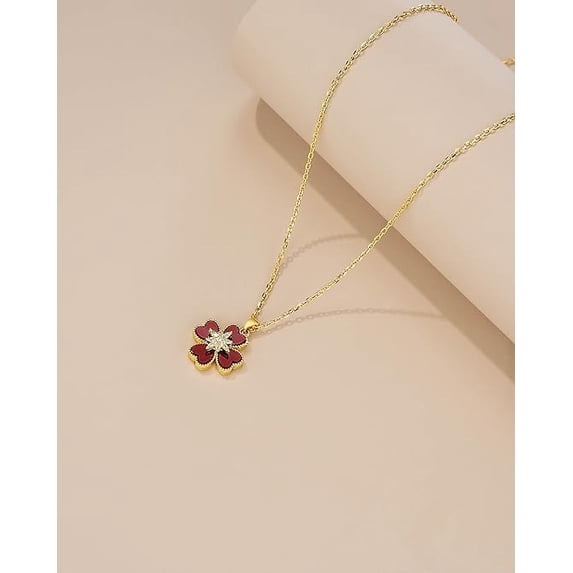 SNGIA 18K Gold Plated Red Floral Pendant Necklace with CZ Accent, Adjustable Bohemian Style