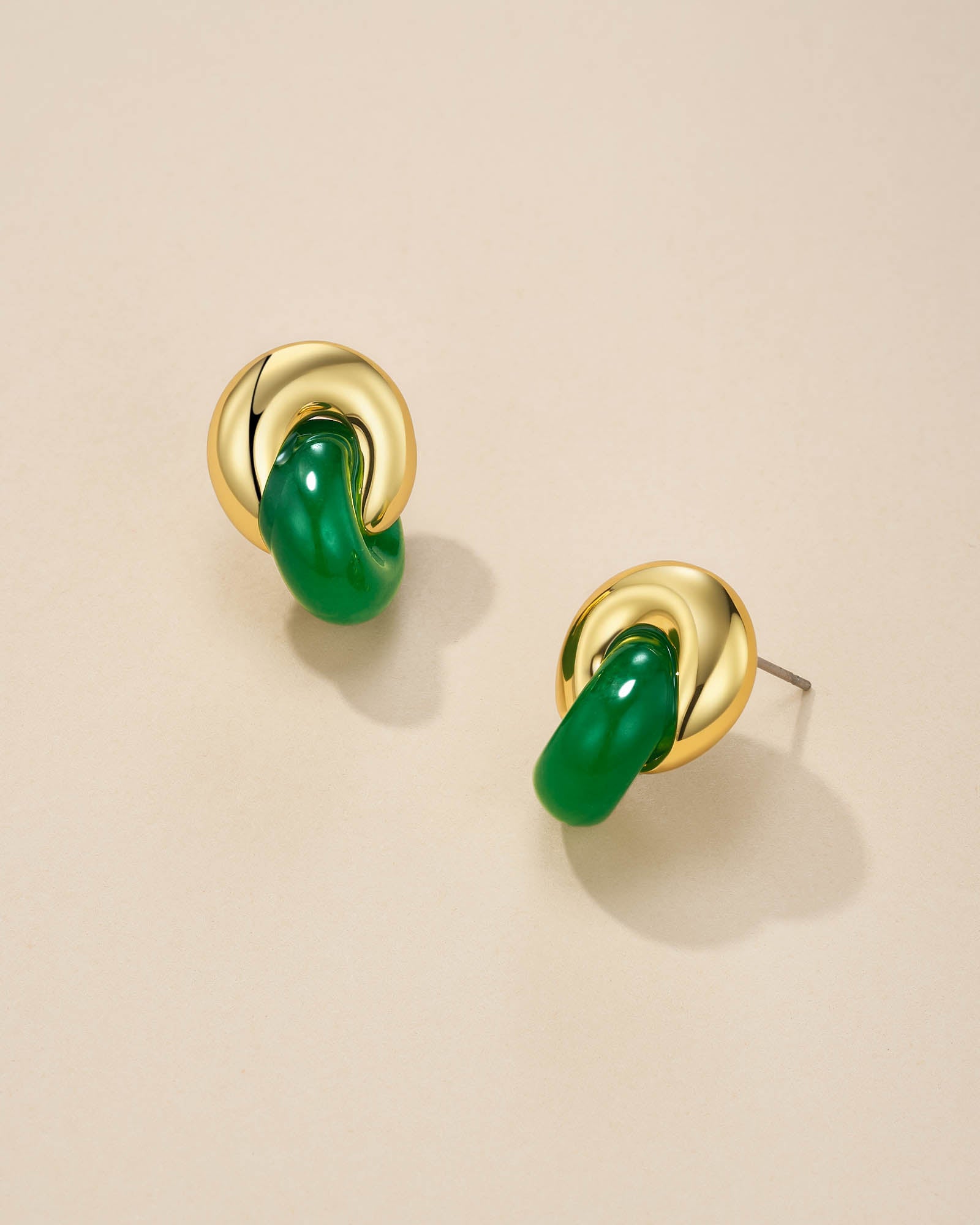 Twist Interlock Stud Earrings In Gold Tone Green Jade Style