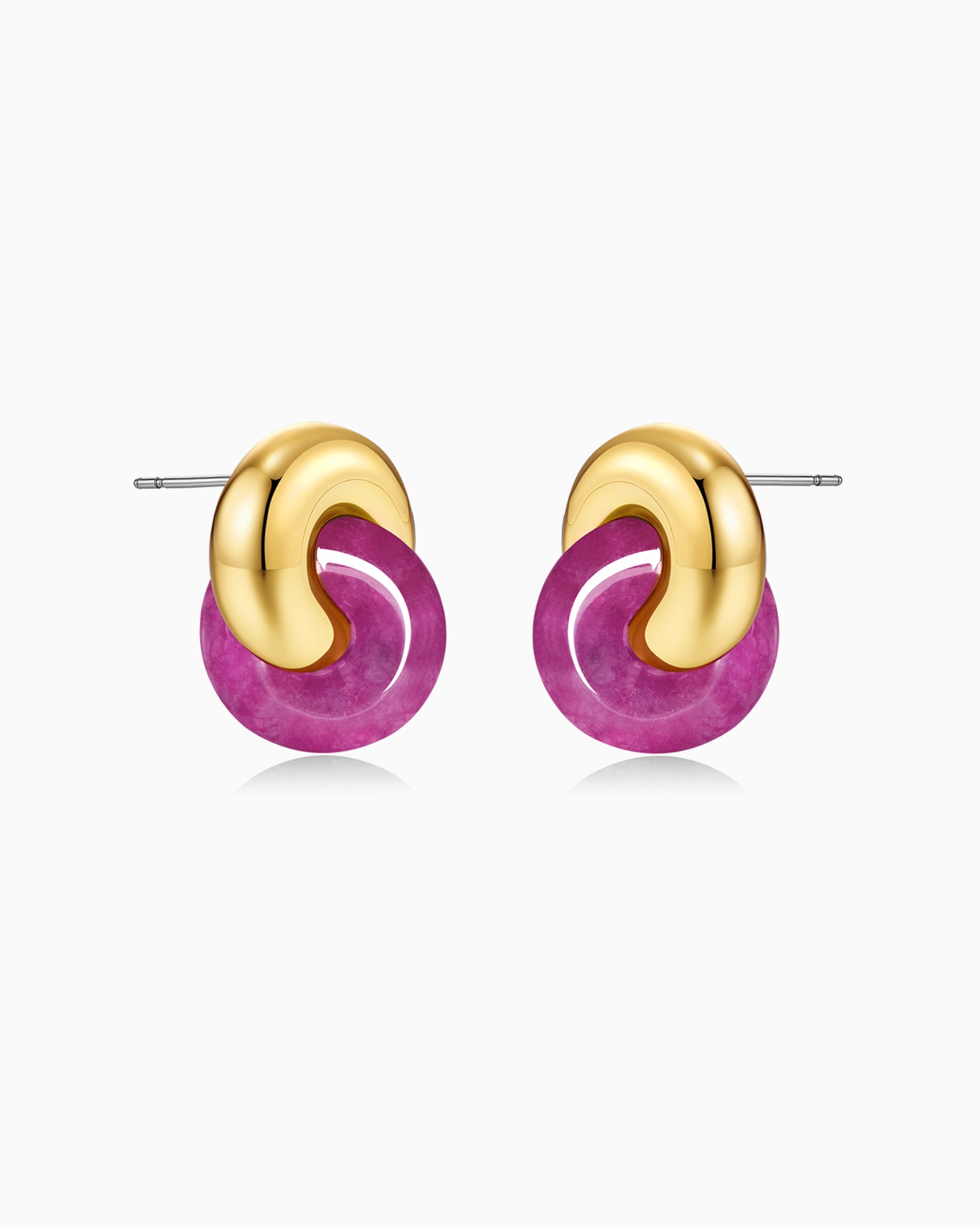 Gold Pink Jade Stone Twist Interlock Stud Earrings