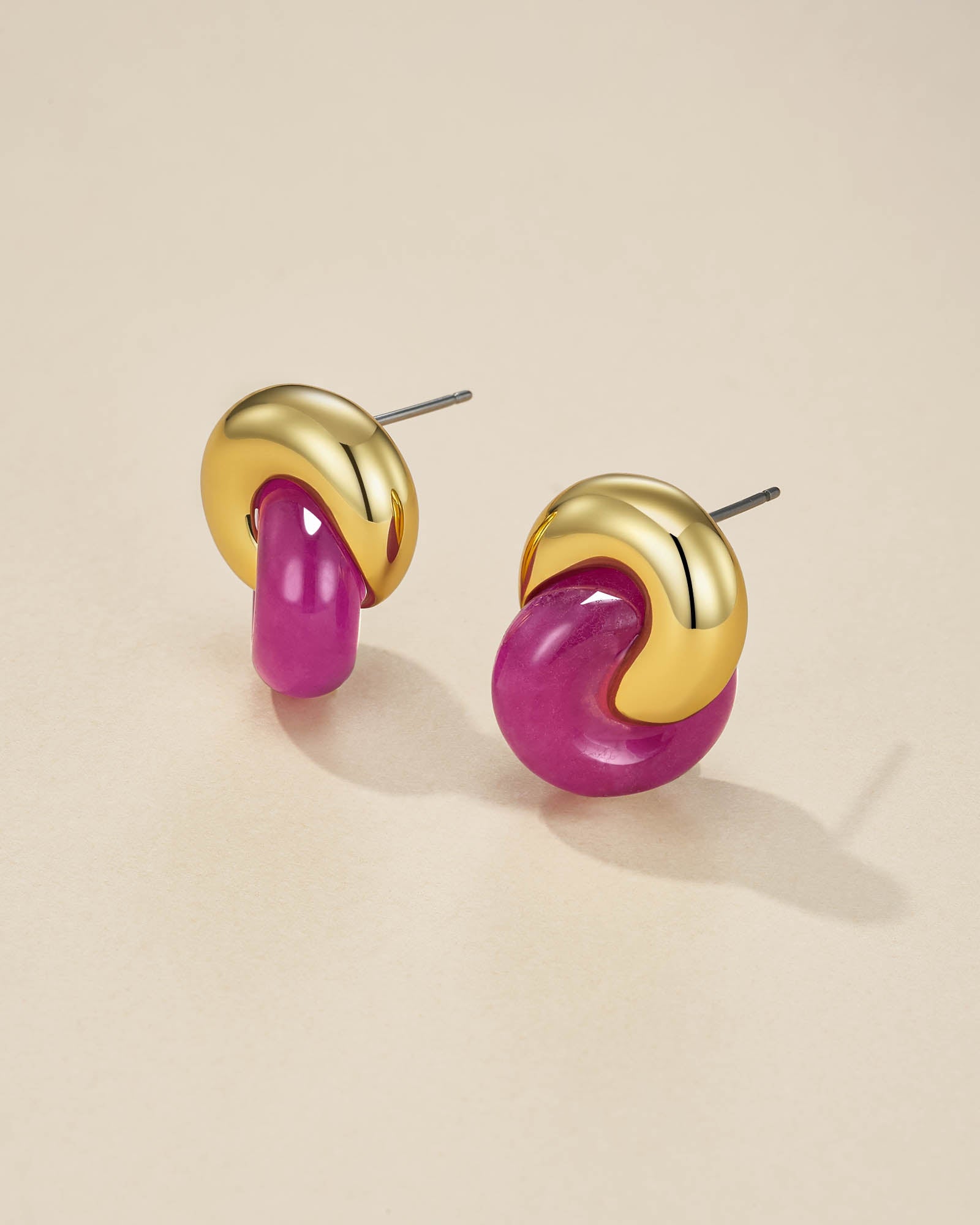 Gold Pink Jade Stone Twist Interlock Stud Earrings