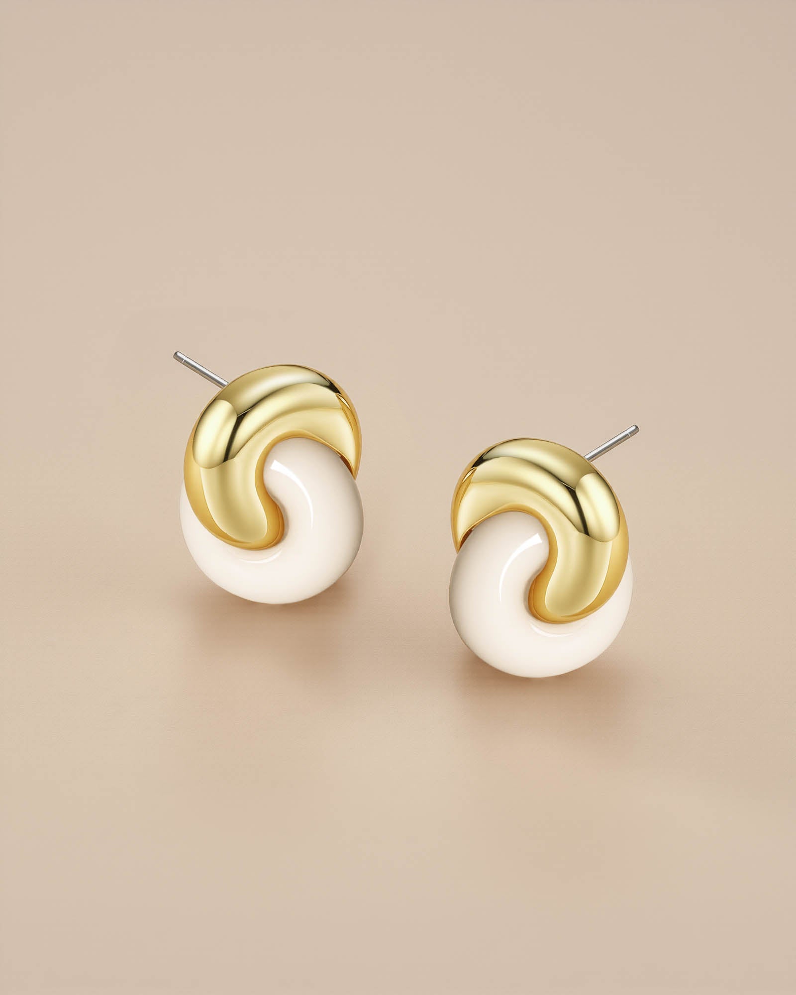 Twist Interlock Stud Earrings In Gold Tone Cream Enamel Stone Style