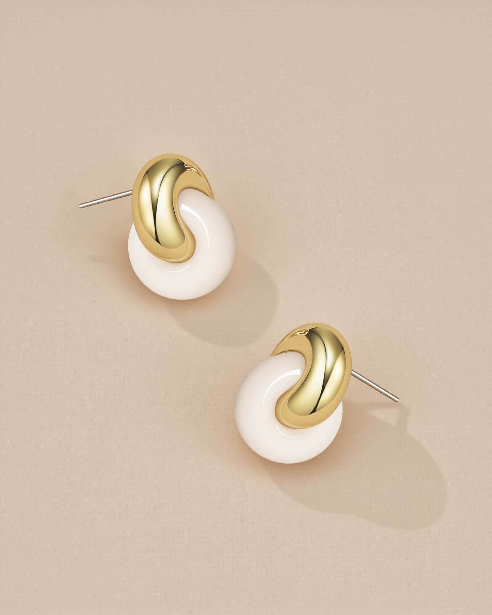 Twist Interlock Stud Earrings In Gold Tone Cream Enamel Stone Style