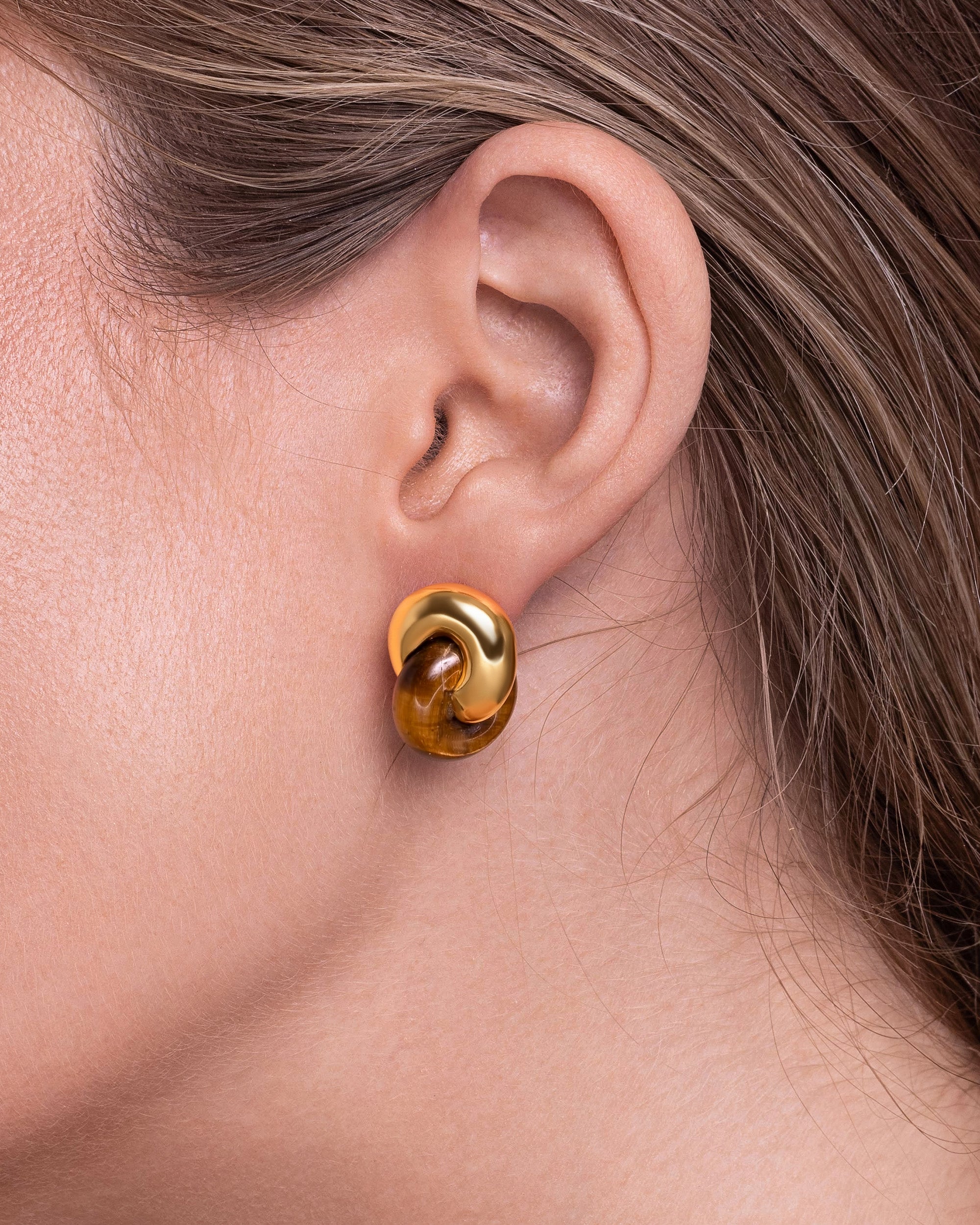 Twist Interlock Stud Earrings In Gold Tone Tiger Eye Style