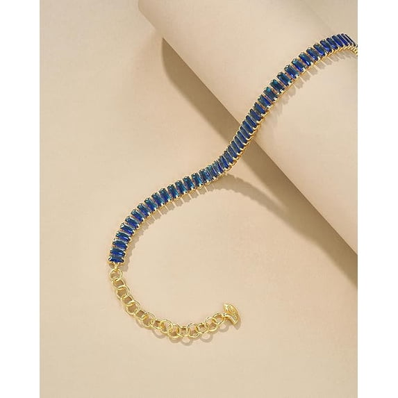 18K Gold Plated Adjustable Tennis Bracelet for Women, Baguette CZ - Sapphire