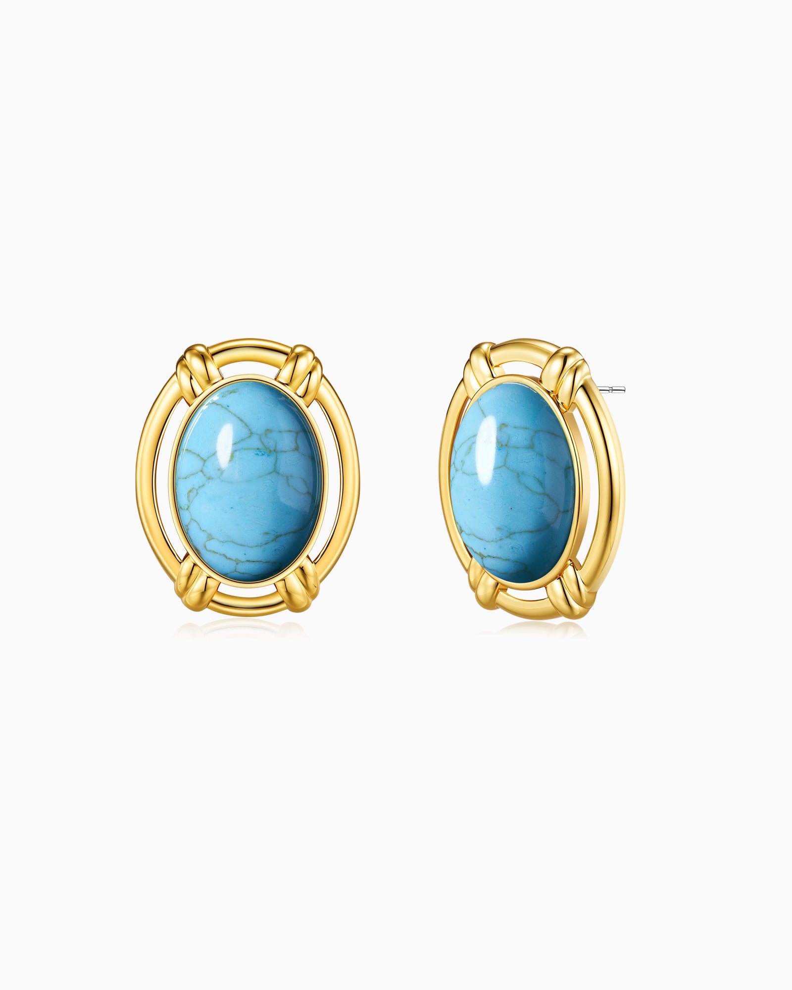 Chunky Gold Turquoise Oval Button Dome Statement Earrings
