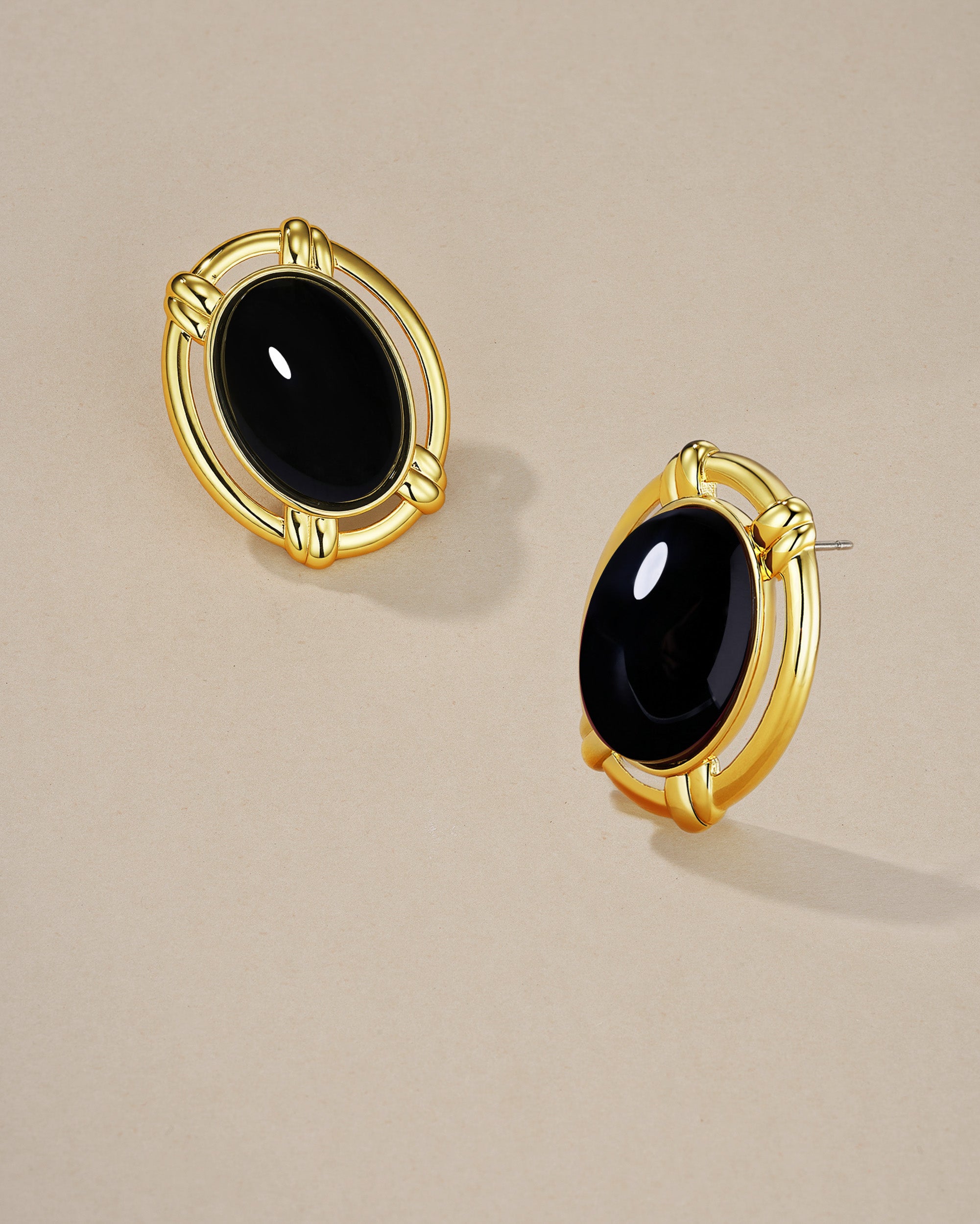 Chunky Oval Dome Statement Earrings In Gold Tone Black Accent