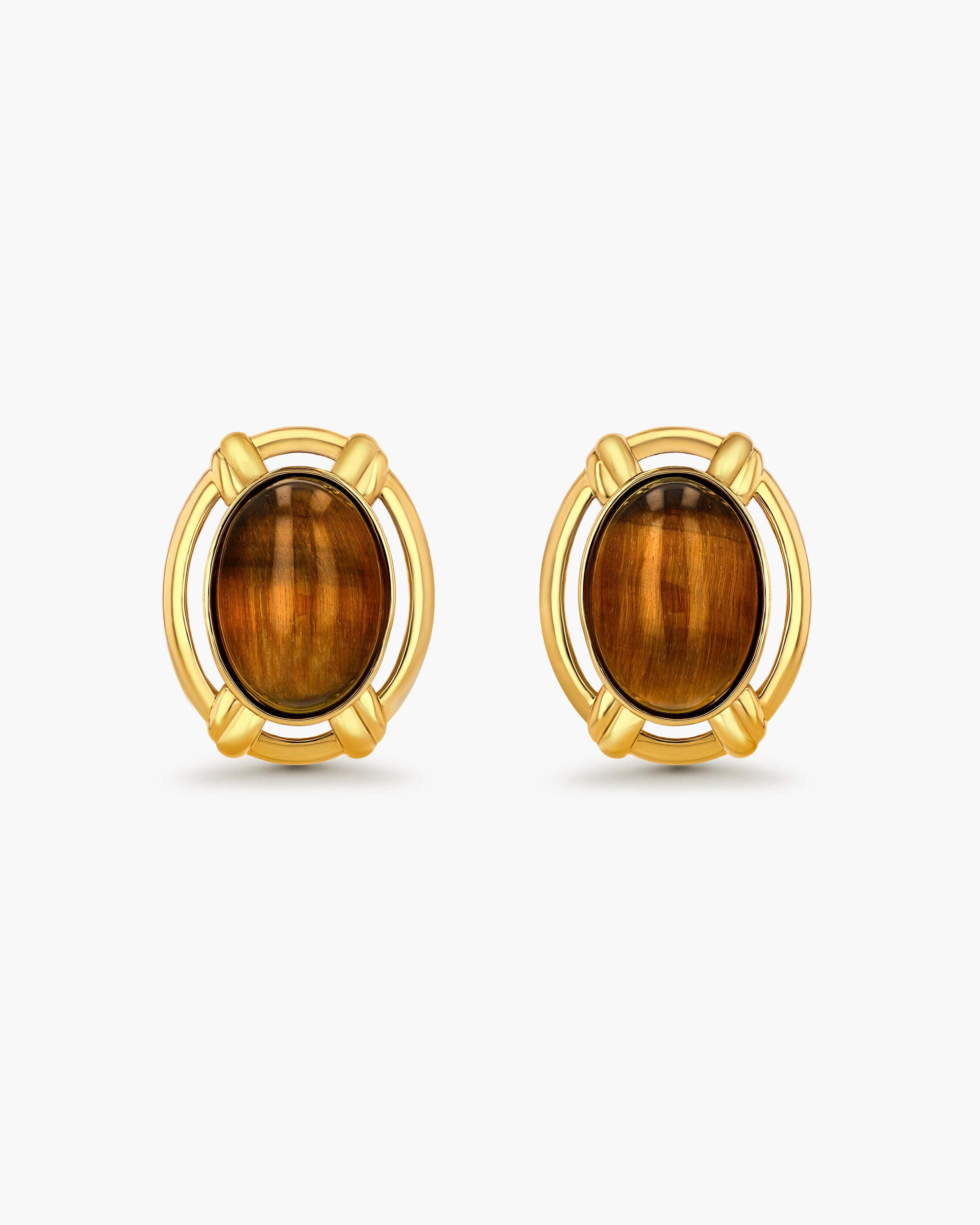 Chunky Gold Tiger Eye Oval Button Dome Statement Earrings