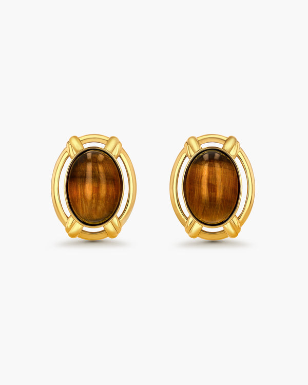 #60 Large Gold Tiger Eye Oval Button Dome Statement Earrings
