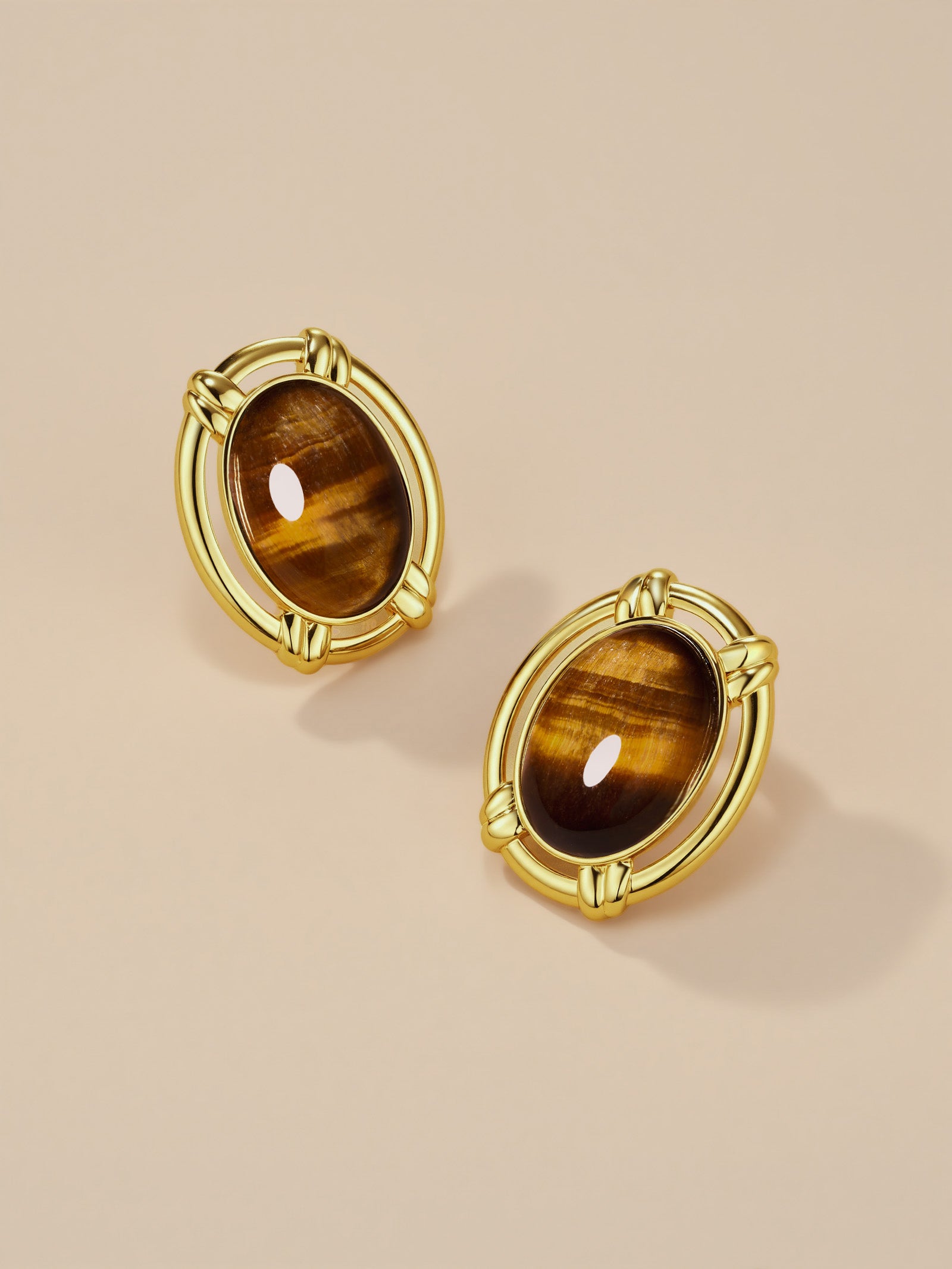 Oval Dome Statement Earrings In Gold Tone Tiger Eye Style