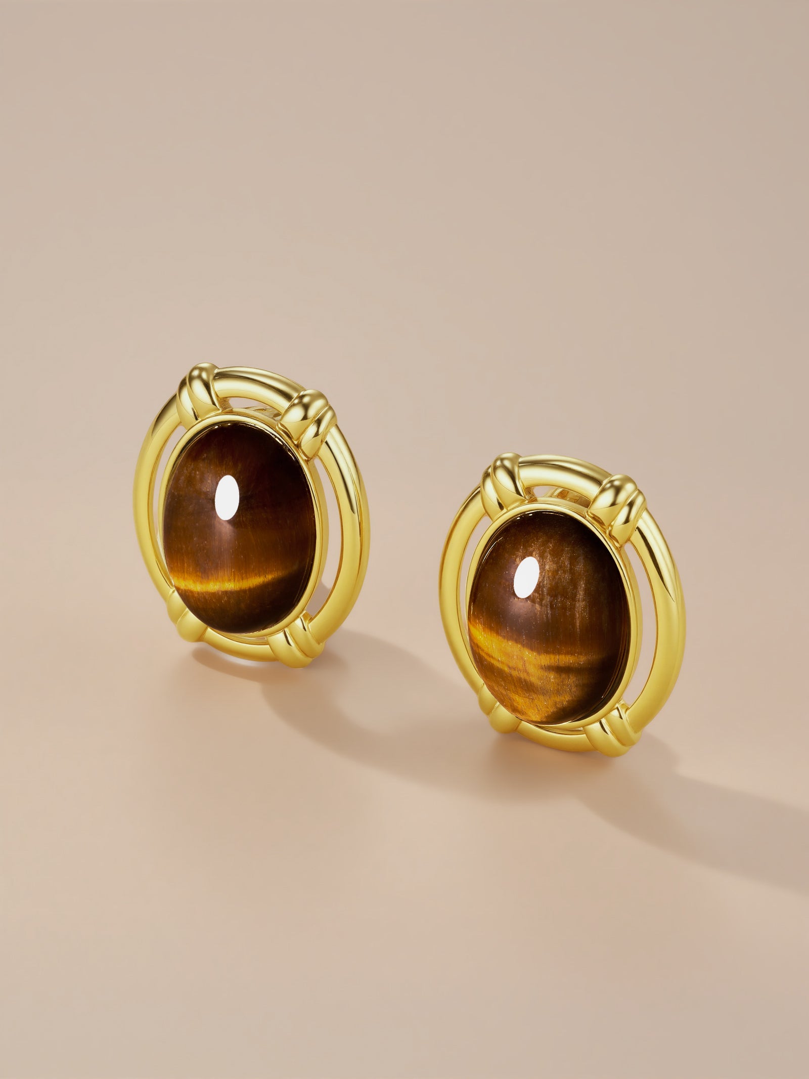 Oval Dome Statement Earrings In Gold Tone Tiger Eye Style
