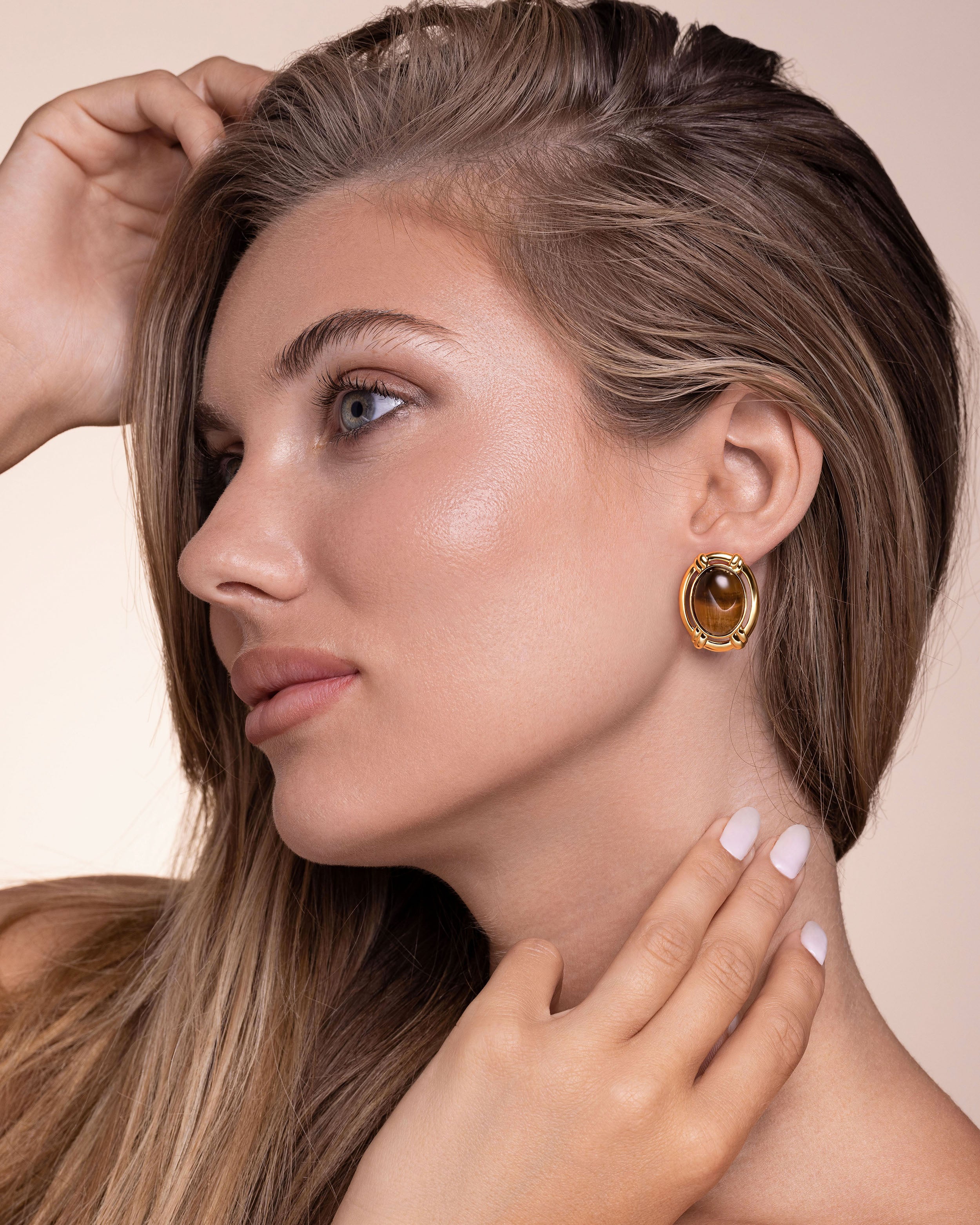 Chunky Gold Tiger Eye Oval Button Dome Statement Earrings