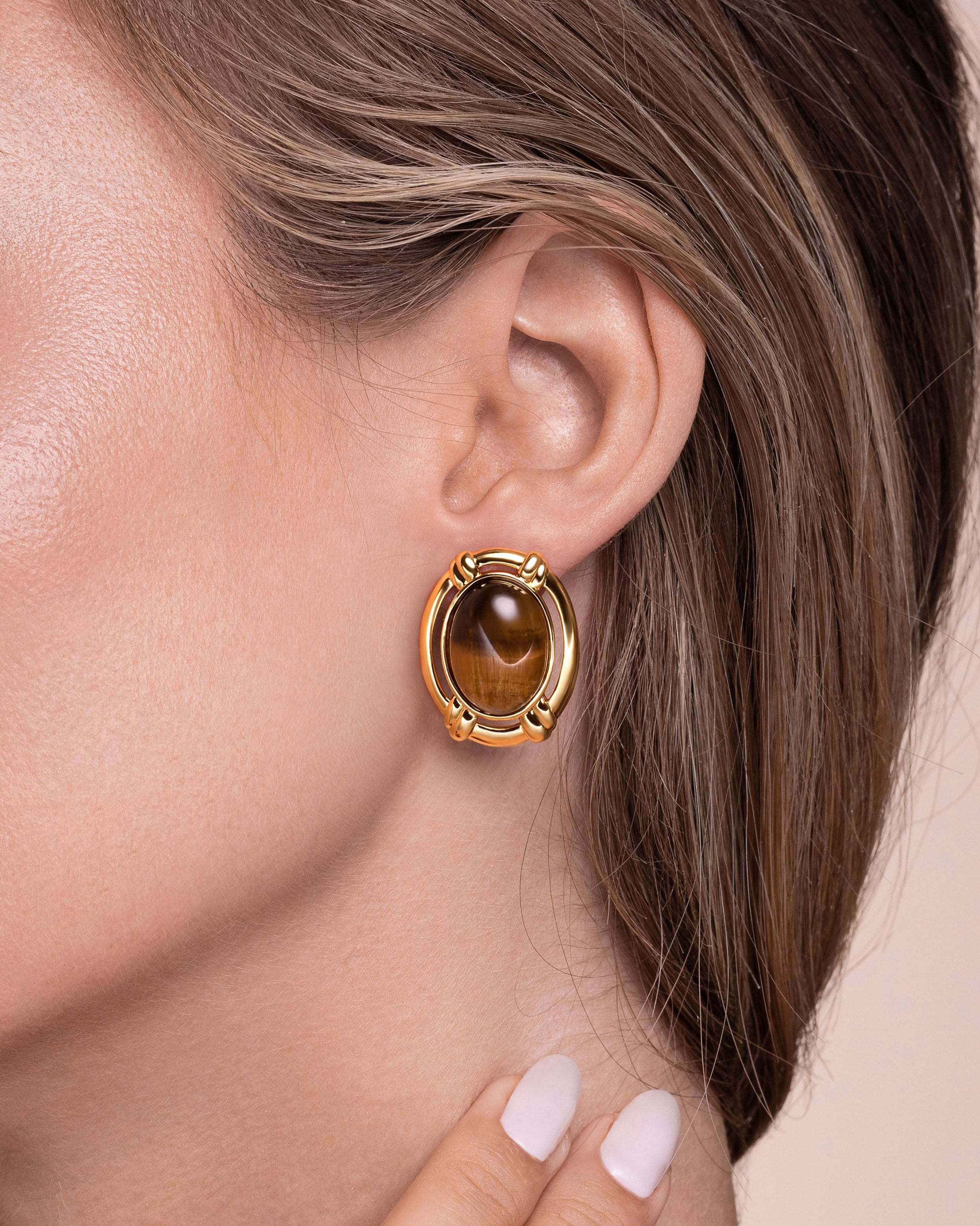 Oval Dome Statement Earrings In Gold Tone Tiger Eye Style