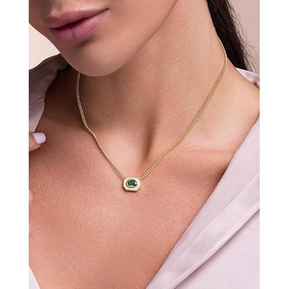 18K Gold Plated Oval Green CZ Pendant Necklace Adjustable Chain Statement Jewelry