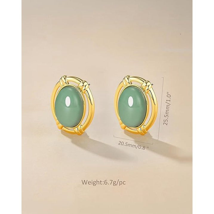 SNGIA Gold Plated Oval Olive Gemstone Stud Earrings Large Statement Button Design