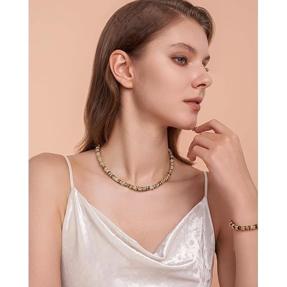 SNGIA 18K Gold Plated Natural Stone Beaded Choker Necklace for Women, Adjustable Golden