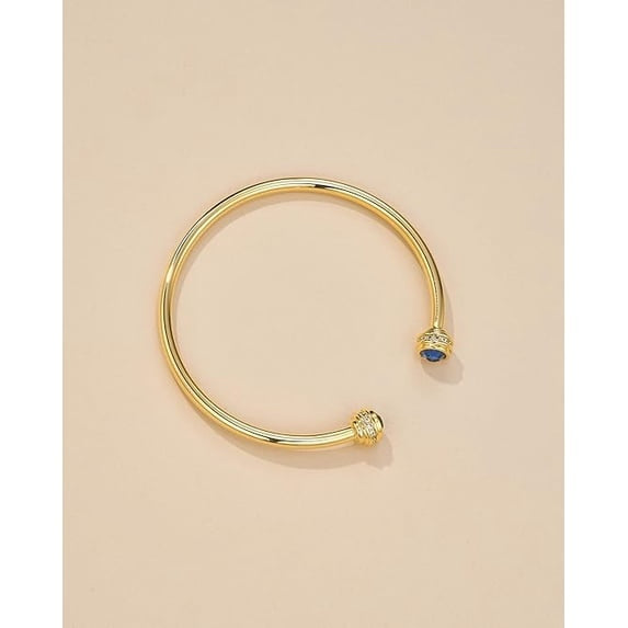 Gold Plated Open Cuff Bangle Bracelet with Blue CZ Accents for Women
