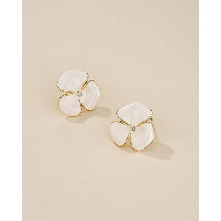 SNGIA 18K Gold Plated Floral Stud Earrings, Enamel Petal Design with CZ Accent for Women