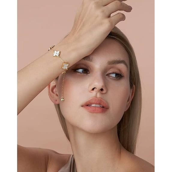 18K Gold Plated Mother of Pearl Clover Bracelet, Adjustable Floral Link Bracelet for Women