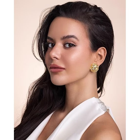 SNGIA 18K Gold Plated Round Stud Earrings with Clear CZ, Woven Lattice Design for Women