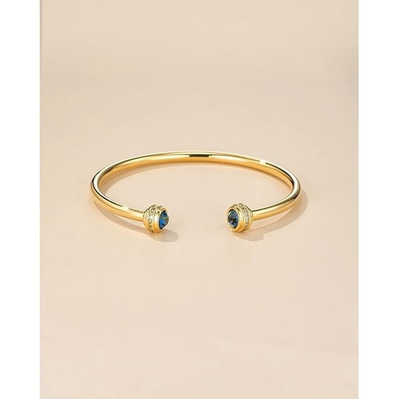 Gold Plated Open Cuff Bangle Bracelet with Blue CZ Accents for Women
