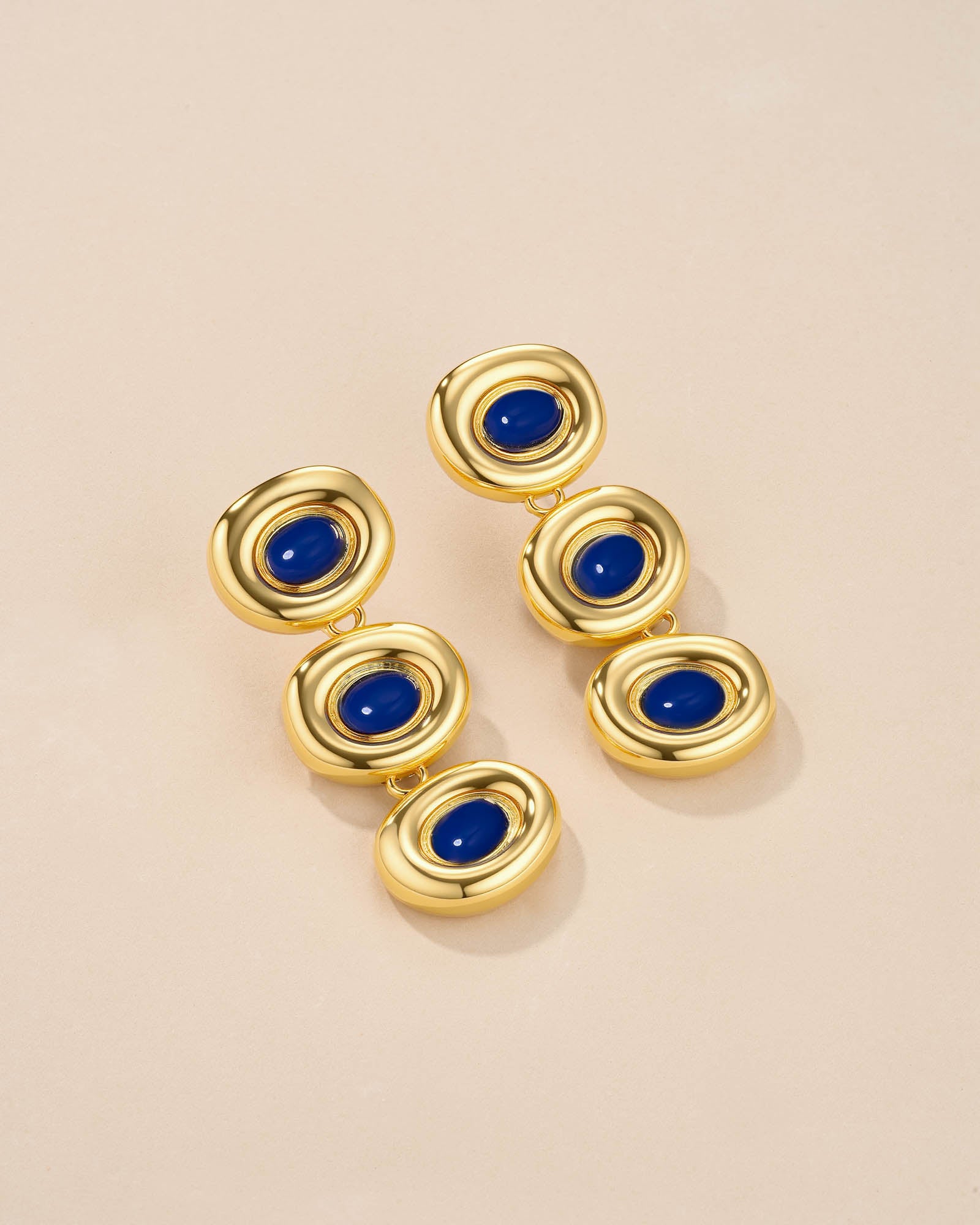 Gold Round Resin Stone Triple Drop Earrings - Navy