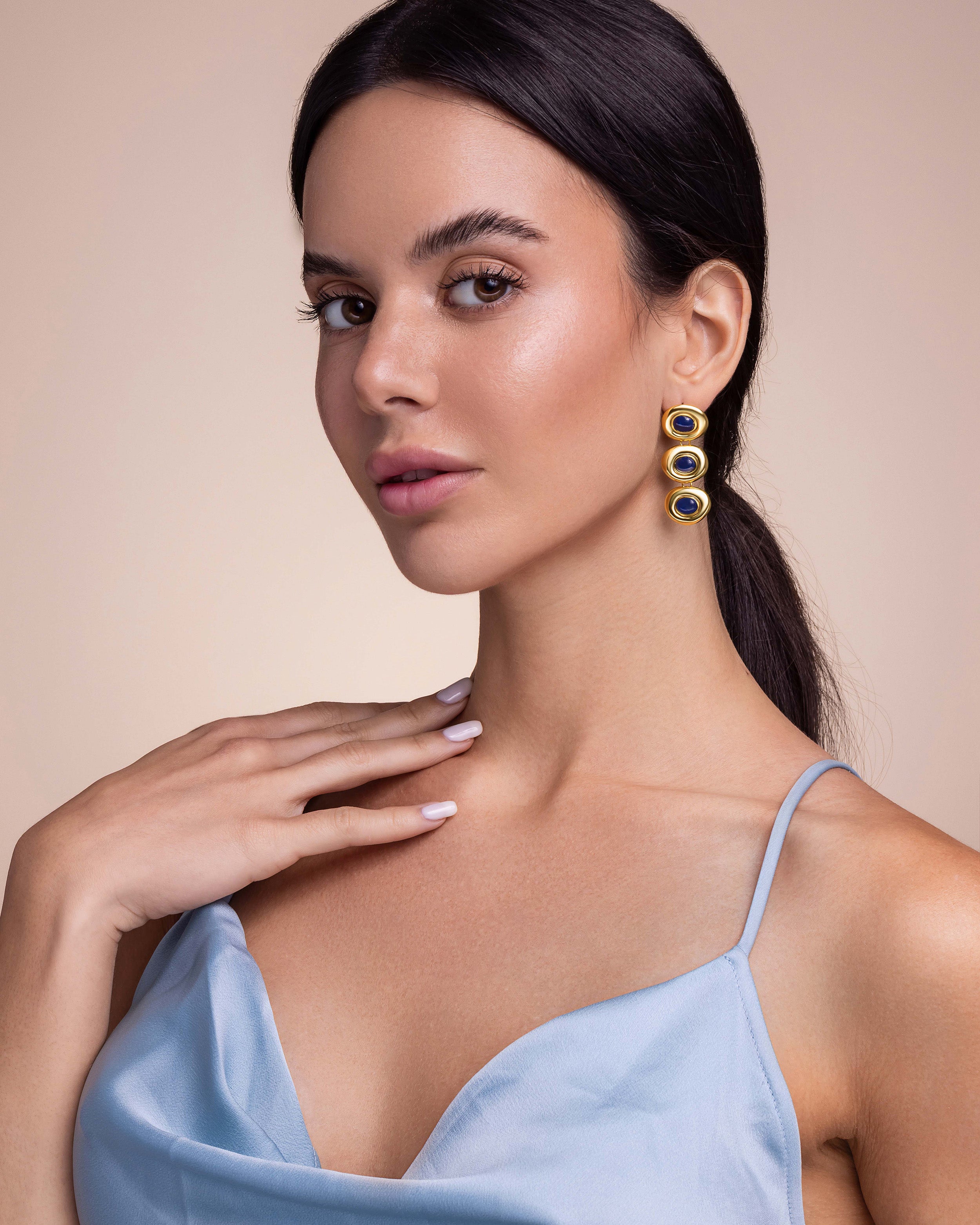 Gold Round Resin Stone Triple Drop Earrings - Navy