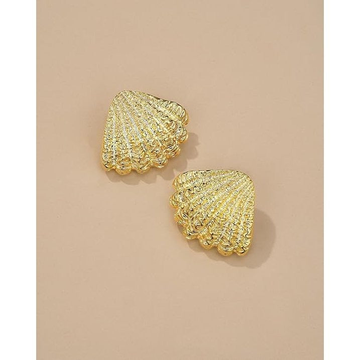 Gold Tone Textured Shell Stud Earrings for Women, Statement Fan Shape Post Back